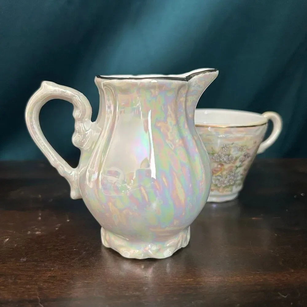 Pearlescent Iridescent Creamer and Demitasse Cup Set